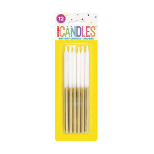 Metallic Gold & White Dipped Birthday Candles - Pack of 12