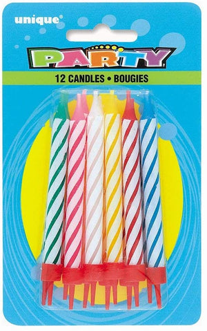 Assorted Striped Birthday Candles in Holders - Pack of 12