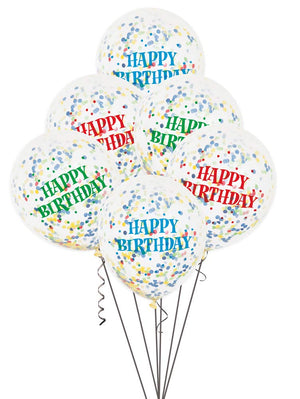 Clear Multicolour "Happy Birthday" Latex Balloons With Confetti - 12" (Pack of 6)