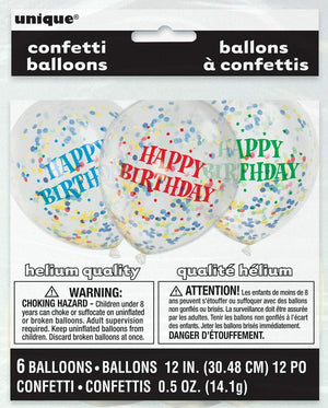 Clear Multicolour "Happy Birthday" Latex Balloons With Confetti - 12" (Pack of 6)