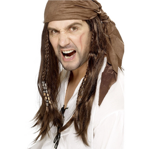 Brown Braided Buccaneer Wig With Bandana - (Adult)