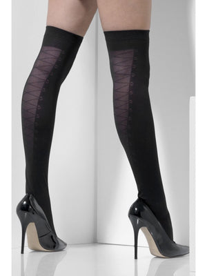 Opaque Hold-Ups, with Mock Lace Up Detail - Black