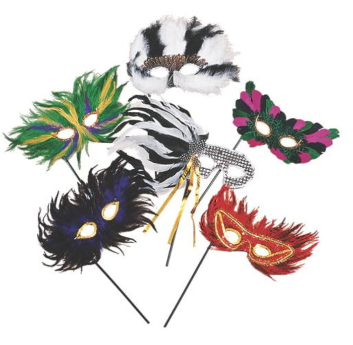 Feather Eye Mask On A Stick - Assorted (Adult)