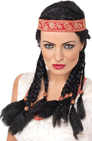 Pocahontas Wig - Black with Plaits and Headband (Adult)