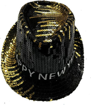 "Happy New Year" LED Sequin Fedora Hat -Gold/Silver