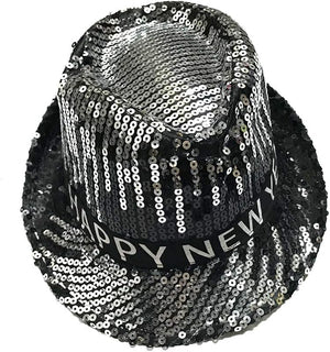 "Happy New Year" LED Sequin Fedora Hat -Gold/Silver