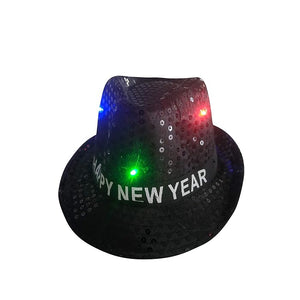 "Happy New Year" LED Sequin Fedora Hat -Gold/Silver