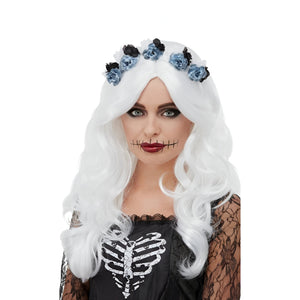 Day Of The Dead Wig, with Flowers - White (Adult)