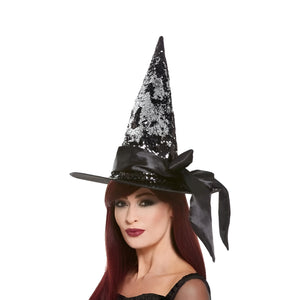 Deluxe Reversible Sequin Witch's Hat - Black & Silver (Adult)