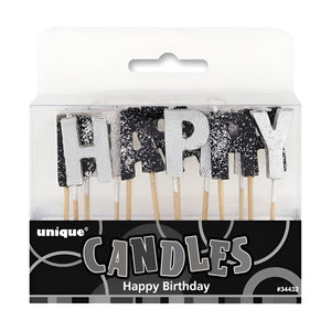  Glitz Black & Silver "Happy Birthday" Candles