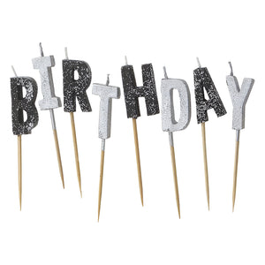  Glitz Black & Silver "Happy Birthday" Party Candles