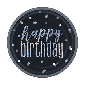 Glitz Black & Silver "Happy Birthday" Party Plates - 9 inch