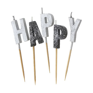  Glitz Black & Silver "Happy Birthday" Pick Candles