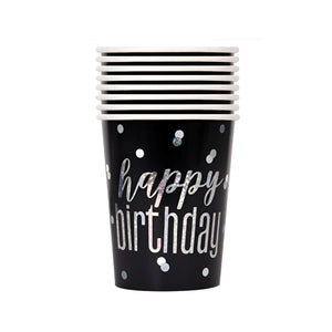 Glitzy Black & Silver "Happy Birthday" Party Cups