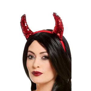Reversible Sequin Devil Horns on Headband - Red (Adult)