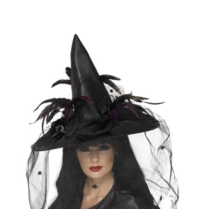 Witch's Hat, with Feather & Netting - Black (Adult)