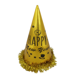 "Happy New Year" Tinsel Cone Hat - Gold/Silver