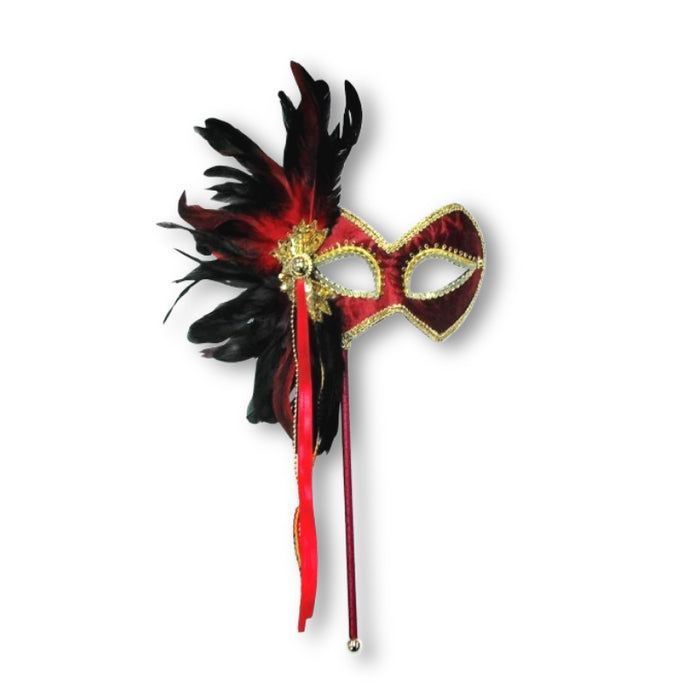 Red Eye Mask on Stick with Feathers