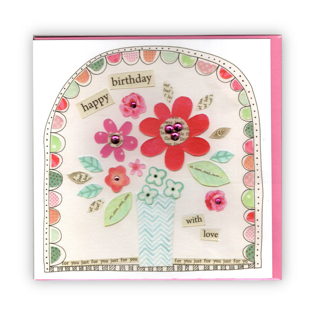 "Happy Birthday With Love" Gem Embellished Flowers - Card
