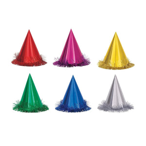Fringed Foil Party Hats – Assorted Colors (6pcs)