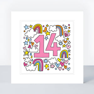 Colorful Embossed 14th Birthday Card – Rainbows, Clouds & Stars