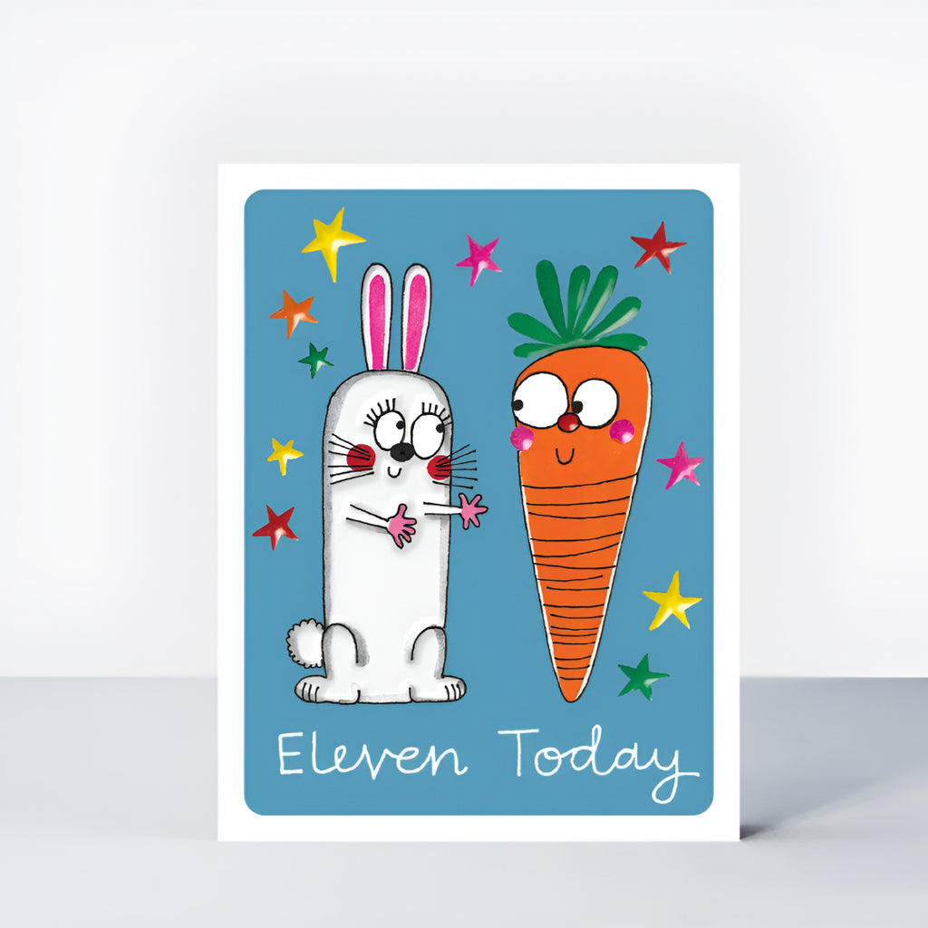 Funny Rabbit & Carrot 11th Birthday Card – "Eleven Today"