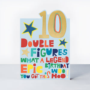 Double Figures! Age 10 Birthday Card – Colorful Foil & Embossed Card