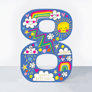 Die-Cut Age 8 Birthday Card – Sunshine, Rainbows & Gold Foil