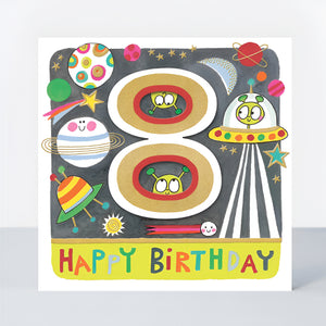 8th Birthday Space Aliens – 3D Gold Foil Kids Birthday Card