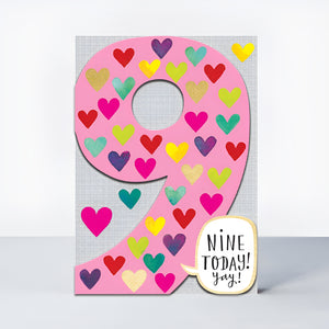 Nine Today! Gold Foil Hearts Age 9 Birthday Card