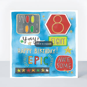 Neon & Foil 8th Birthday Card – "Woo Hoo! Epic & Awesome"