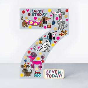 Die-Cut Dogs 7th Birthday Card – Bright Neon & Gold Foil "Seven Today!"