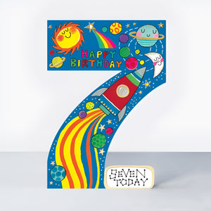 Out of This World! 7th Birthday Space Rocket Card (Die-Cut & Gold Foil)