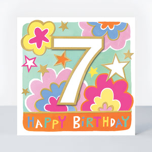 7th Birthday Card – Whimsical Stars & Clouds 3D Badge Greeting Card