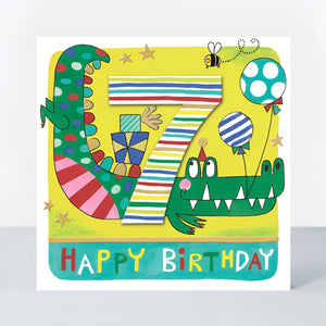 Handcrafted 7th Birthday Card – Crocodile & Balloons (3D Badge & Gold Foil)