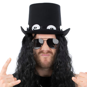 70s Glam Rock Costume Kit – Black Top Hat, Sun Glass & Crimped Long Wig