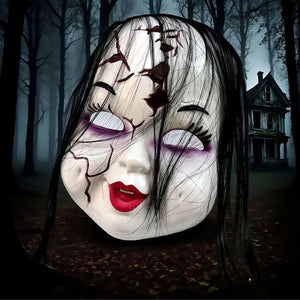 Creepy Cute Broken Doll Mask – Spooky Porcelain Doll (Black Hair)