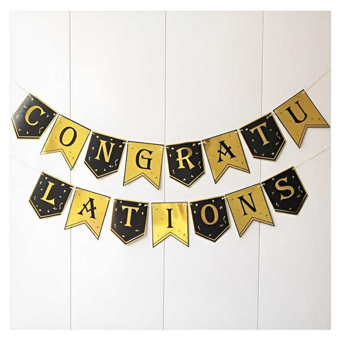 "CONGRATULATIONS" Flag Banner - Black/Gold - 3 metres