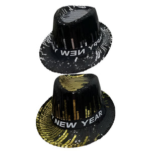 "Happy New Year" LED Sequin Fedora Hat -Gold/Silver