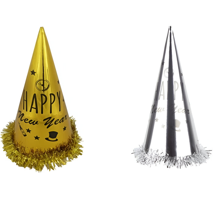 "Happy New Year" Tinsel Cone Hat - Gold/Silver