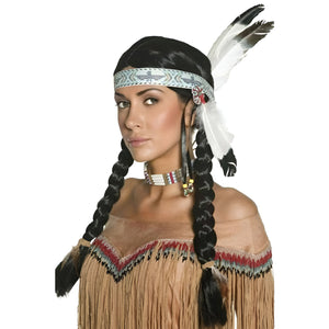 Native American Wig - Black with Braids and Feather Headband (Adult)