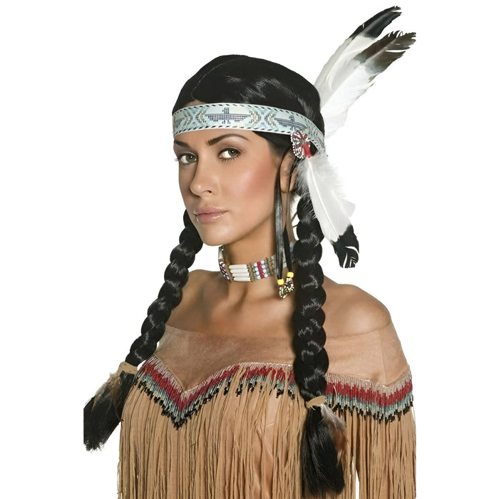 Native American Wig - Black with Braids and Feather Headband (Adult)