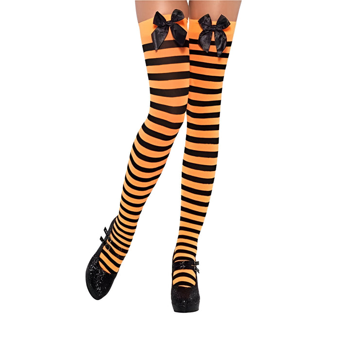 Opaque Striped Hold-Ups with Bows - Black and Orange (Adult)