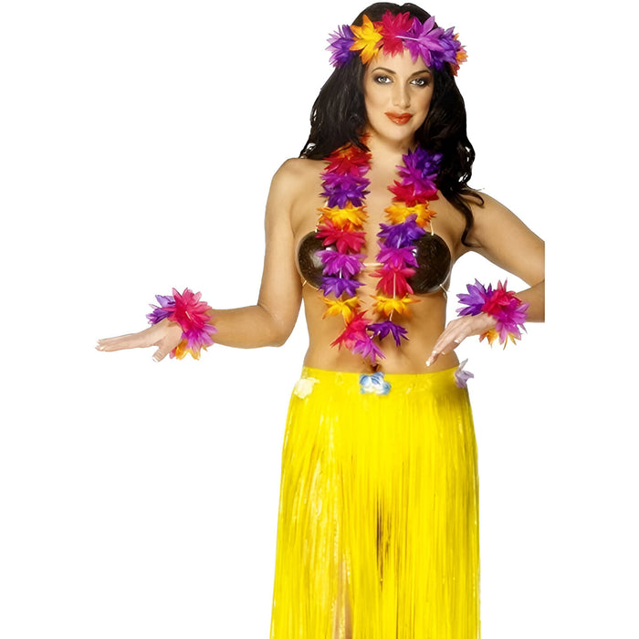 Hawaiian Lei 4 Piece Set - Purple and Pink Multicoloured (Adult)