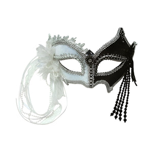 Venetian Black & White Eye Mask, with Tassels - (Adult)