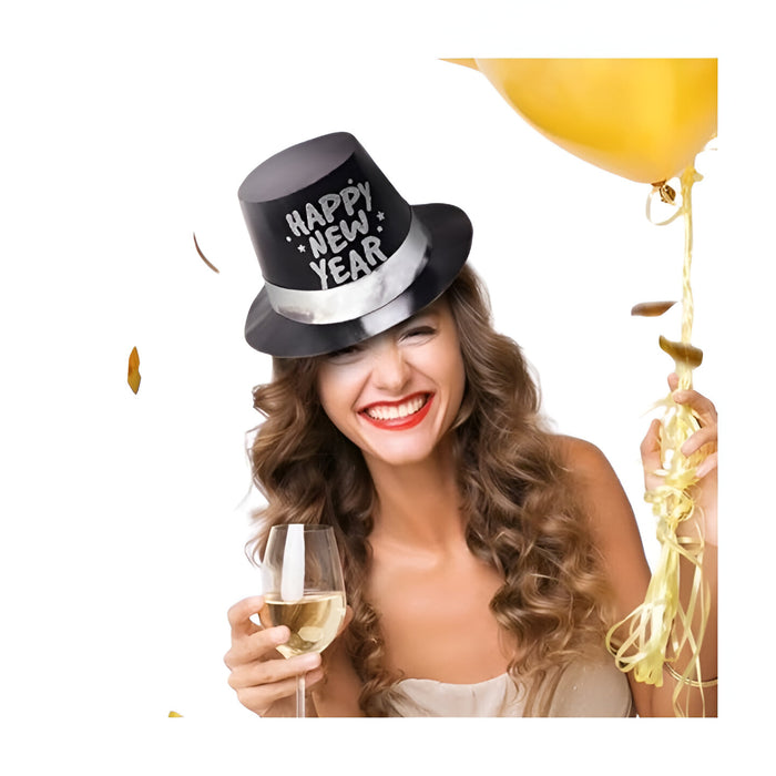 Glitter Top Hat - Black, "Happy New Year"