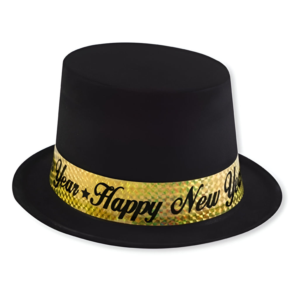 "Happy New Year" Black Top Hat with Gold Band