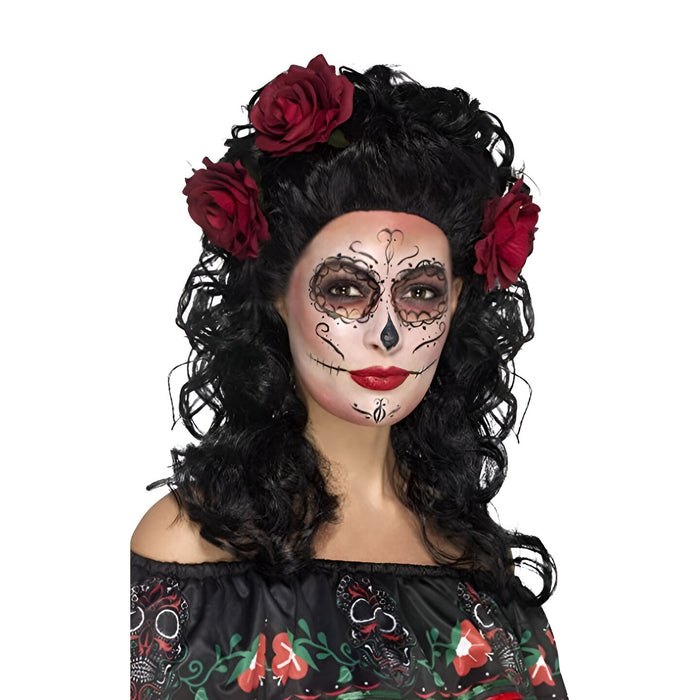 Deluxe Day Of The Dead Wig - Black with Red Roses (Adult)