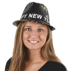 "Happy New Year" LED Sequin Fedora Hat -Gold/Silver