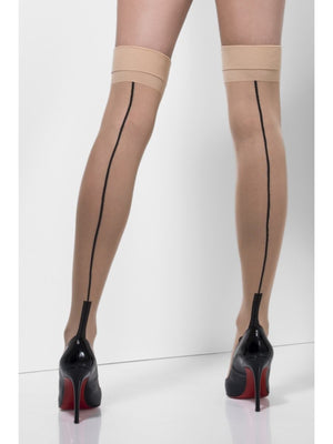 Thigh High Stockings - Natural With Black Seams & Suspenders